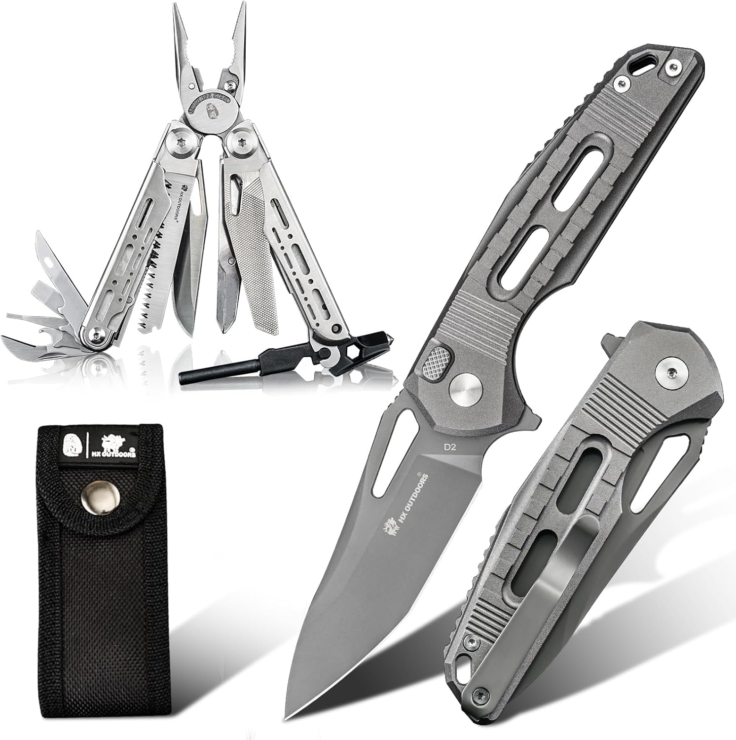 HX OUTDOORS 19 In 1 Multi Tool Pliers with Fire Starter, D2 Steel Pocket Knife with Lock
