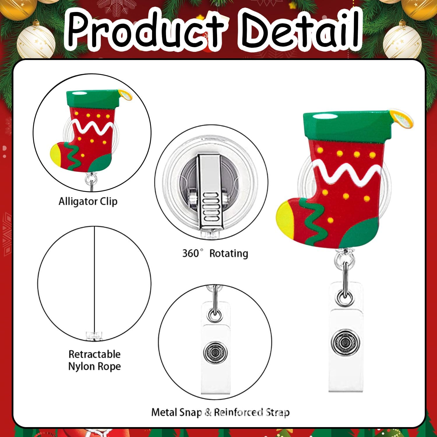 1 Pcs Christmas Retractable Badge Holder for Nurse Work Student Teacher Christmas Stocking Badge Reel Reusable Artificial Winter Alligator Clip Cute Funny Name Tag Acrylic ID Badge Clip image 3