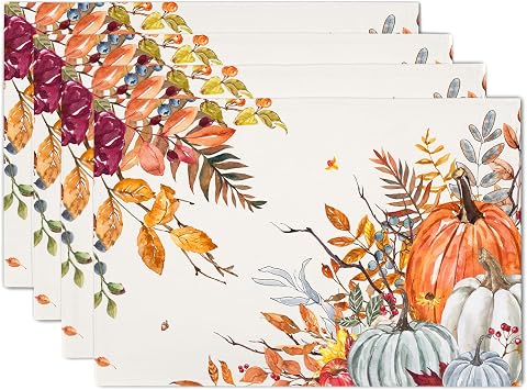 Hello Autumn Placemats Set of 4 Orange Pumpkin Thanksgiving Farmhouse Place Mats 12 x 18 Inch Waterproof Fall Leaf Heat Resistant Table Mats for Autumn/Fall Party Home Kitchen Dining Decoration