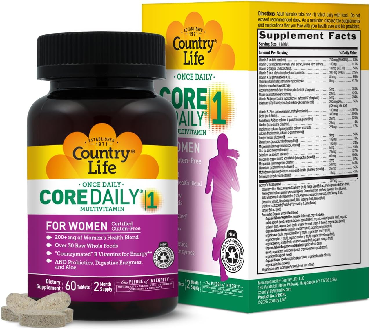 Country Life Women’s Core 1 Daily Multivitamin with Iron, Cranberry, Probiotics, and Digestive Enzymes-Certified Gluten-Free Formula for Energy, Immune Support and Complete Digestive Health,60 Tablets