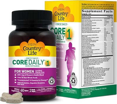 Country Life Womens Core 1 Daily Multivitamin with Iron, Cranberry, Probiotics, and Digestive Enzymes-Certified Gluten-Free Formula for Energy, Immune Support and Complete Digestive Health,60 Tablets