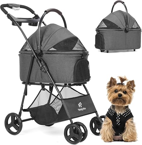 Miniatura 10 de Cochecito para mascotas, carrito de paseo para mascotas de 4 ruedas para perros y gatos medianos/pequeños, cochecito plegable para perros con Verde