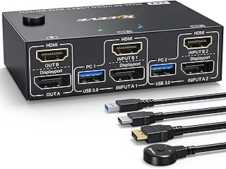 Dual Monitors KVM Switch 4K@60Hz, DisplayPort HDMI KVM Switch 2 PC 2 Monitors, KVM Switches with 4 USB 3.0 Ports for 2 PC sharing Keyboard, Mouse and Monitor,KVM Switch 2 monitors with DP+HDMI cable