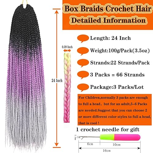 Miniatura 4 de Extensiones de cabello de ganchillo con trenzas de caja de 24 pulgadas, hechas a mano, 3 paquetes de extensiones de cabello trenzado para mujeres,