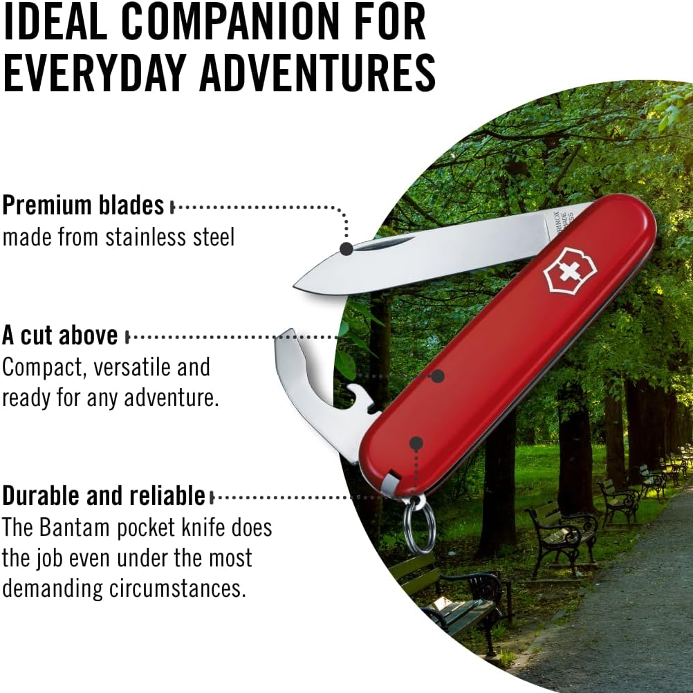 Victorinox Bantam Swiss Army Knife, 8 Function Swiss Made Pocket Knife with Large Blade, Bottle Opener and Screw Driver - Red