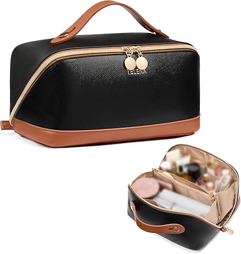 Telena Bolsa de maquillaje de gran capacidad, bolsa de cosméticos portátil de piel sintética resistente al agua, bolsas organizadoras de maquillaje