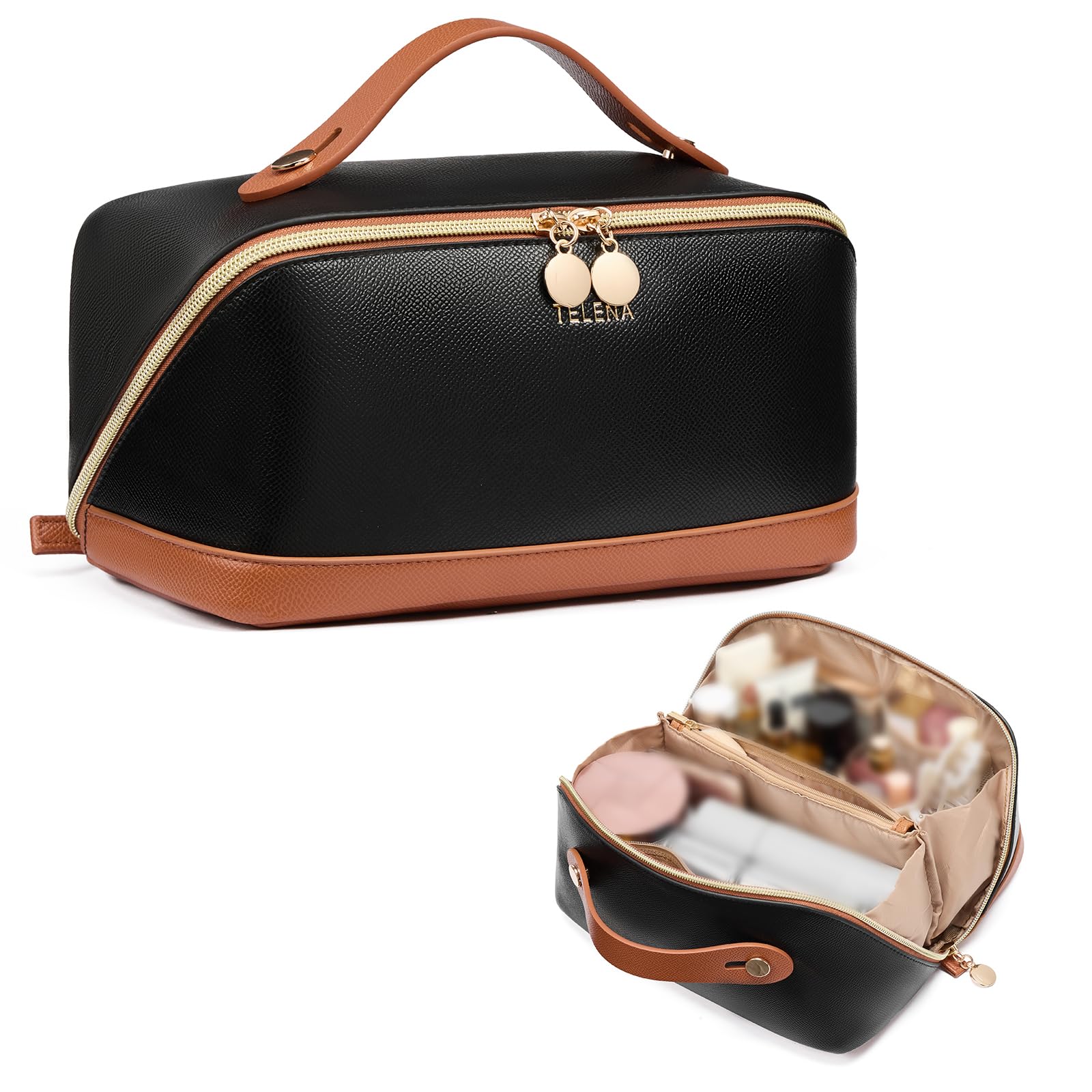 Telena Makeup Bag Large Capacity Travel Cosmetic Bag Portable PU Leather Waterproof Makeup Organizer Bag for Women with Handle and Divider Flat Open, 0-Black and Brown