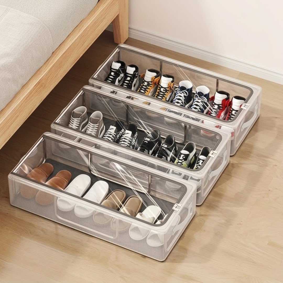 Shoe Storage Box, Shoe Organizer for Closet, Clear Plastic Stackable Shoe Boxes, Space Saving Foldable Sneaker Shoe Rack Containers Bin Holder, 60 x 30 x 15 Cm (Set of 1)-picture-29