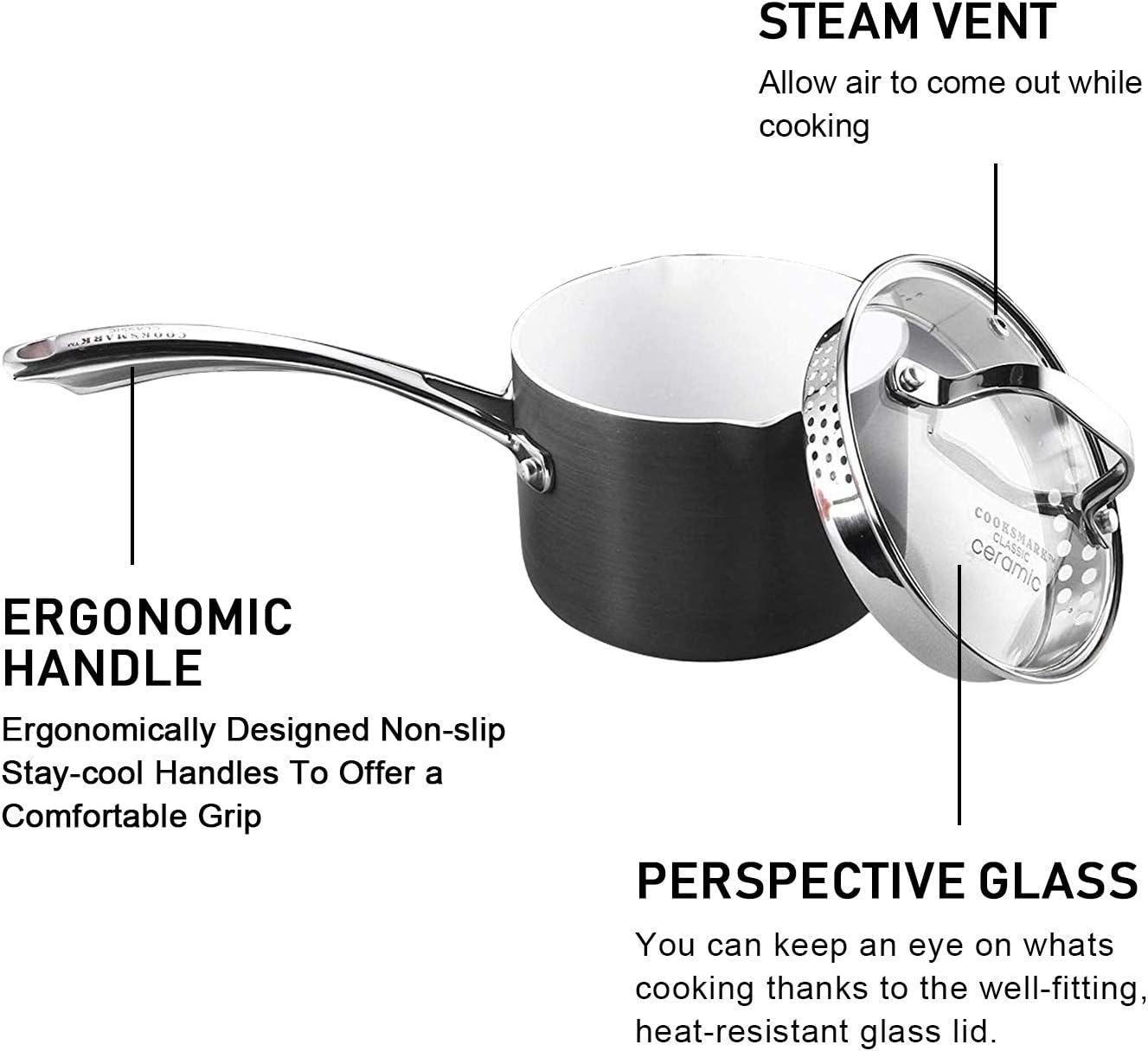 AMERICOOK Black Pots and Pans Set, 8 Piece Hard Anodized Cookware Set White Ceramic Nonstick