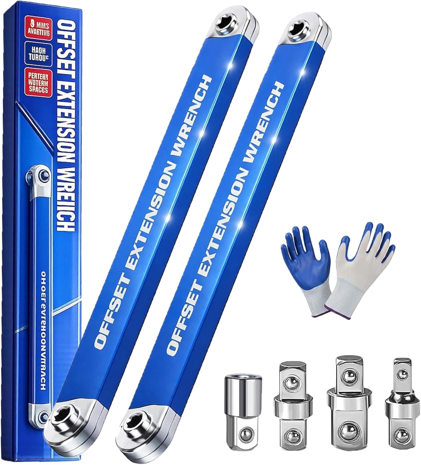 PRO Offset Extension Wrench, Offset Extension Wrench Impact with 1/2", 1/4" and 3/8" Square Drive Adapters, Pro Zero Offset Ratchet Extender for Tight Spaces (2sets)