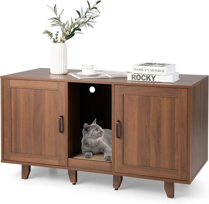 PETSITE Cat Litter Box Enclosure Furniture for 2 Cats, Large Litter Box Cabinet with Scratching Board, and Adjustable Foot Pads, Indoor Cat House TV Stand Side Table, Double Hidden Litter Box