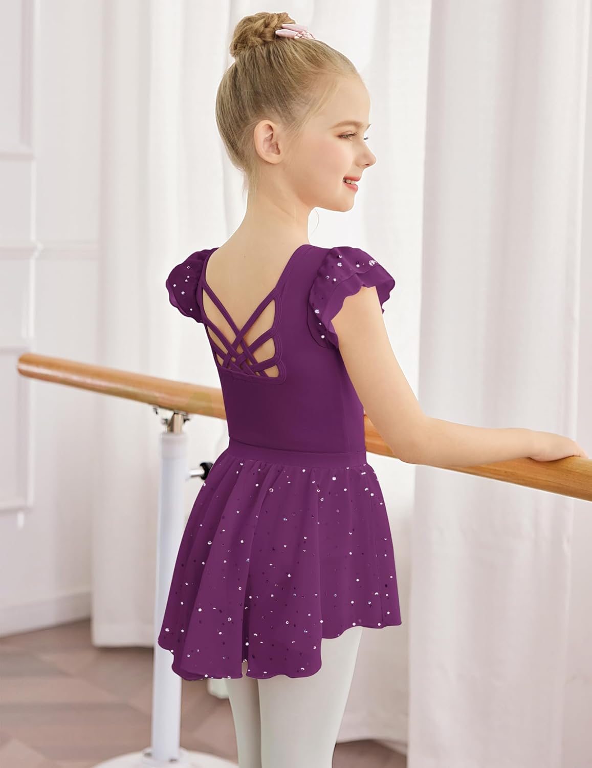 Zaclotre Ballet Leotards for Girls Toddler Ruffle Sleeve Crisscross Back Dance Dress Outfit with Removable Skirt Combo - Image 5