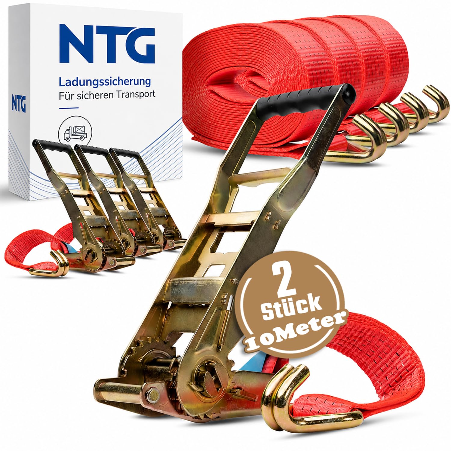 2 sangles d'arrimage - 10 m - 5 t - Avec cliquet à levier long - Certifié TÜV/GS - 2 pièces - 5000 kg.