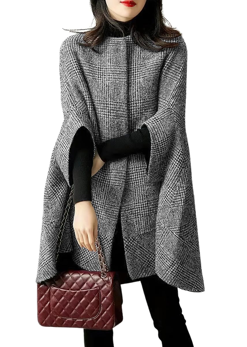chouyatou Women's Elegant Plaid Poncho Single Breasted Winter Casual Wool Blend Cape Cloak Coat