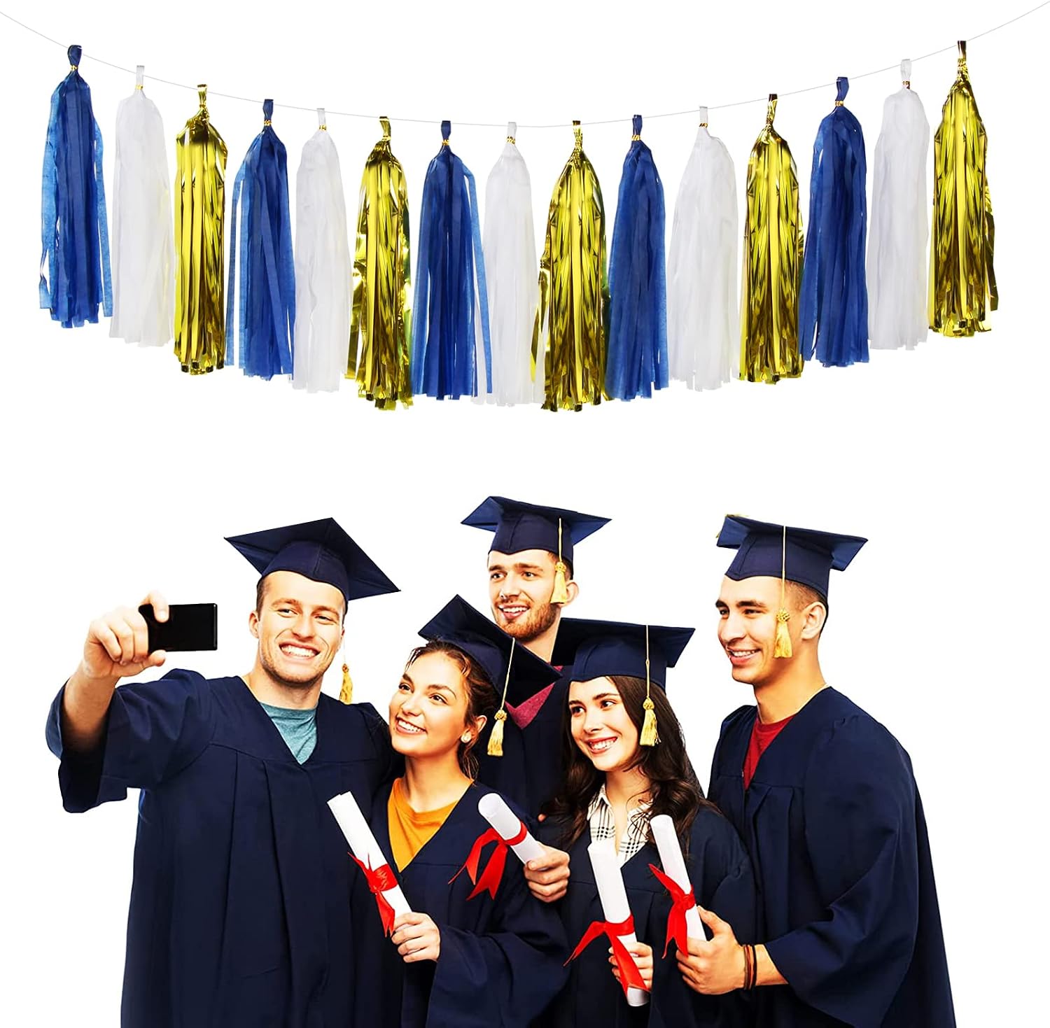 Navy-Blue White-Gold Tassel Garland Streamers- 15pcs Tissue Paper Tassels Banner Party Decorations Men Boy Birthday Graduation Bachelorette Engagement Backdrop Hanging Decor Panduola image 2