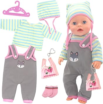 6 Pcs Baby Doll Clothes Set 35-43 cm, Cute Sweet Doll Clothes for 14-18Inch Baby Dolls New Doll Overall with Koala Onesie Top Hat Hanger Socks Hanger 43cm Cute Baby Doll Outfits Gifts for Girls Boys