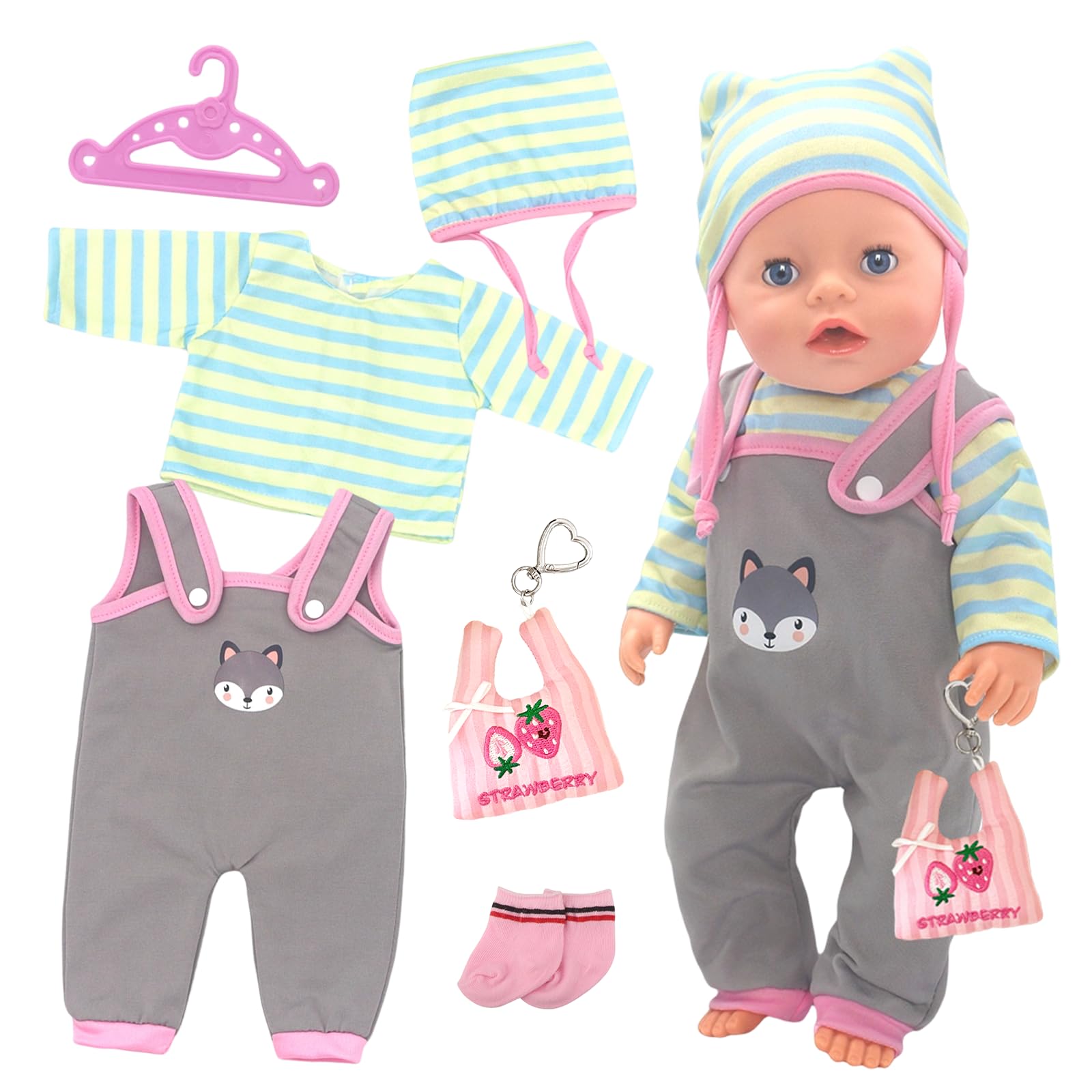 6 Pcs Baby Doll Clothes Set 35-43 cm, Cute Sweet Doll Clothes for 14-18Inch Baby Dolls New Doll Overall with Koala Onesie Top Hat Hanger Socks Hanger 43cm Cute Baby Doll Outfits Gifts for Girls Boys