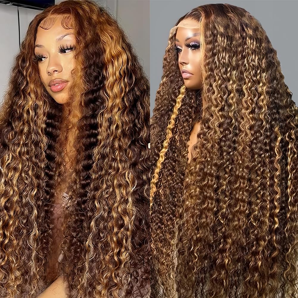 Highlight Ombre Lace Front Wig Human Hair Pre Plucked 13x6 HD Honey Blonde 4/27 Deep Wave Lace Frontal Wigs 200% Density Glueless Colored Wigs for Women Wet and Wavy Lace Front 30 Inch