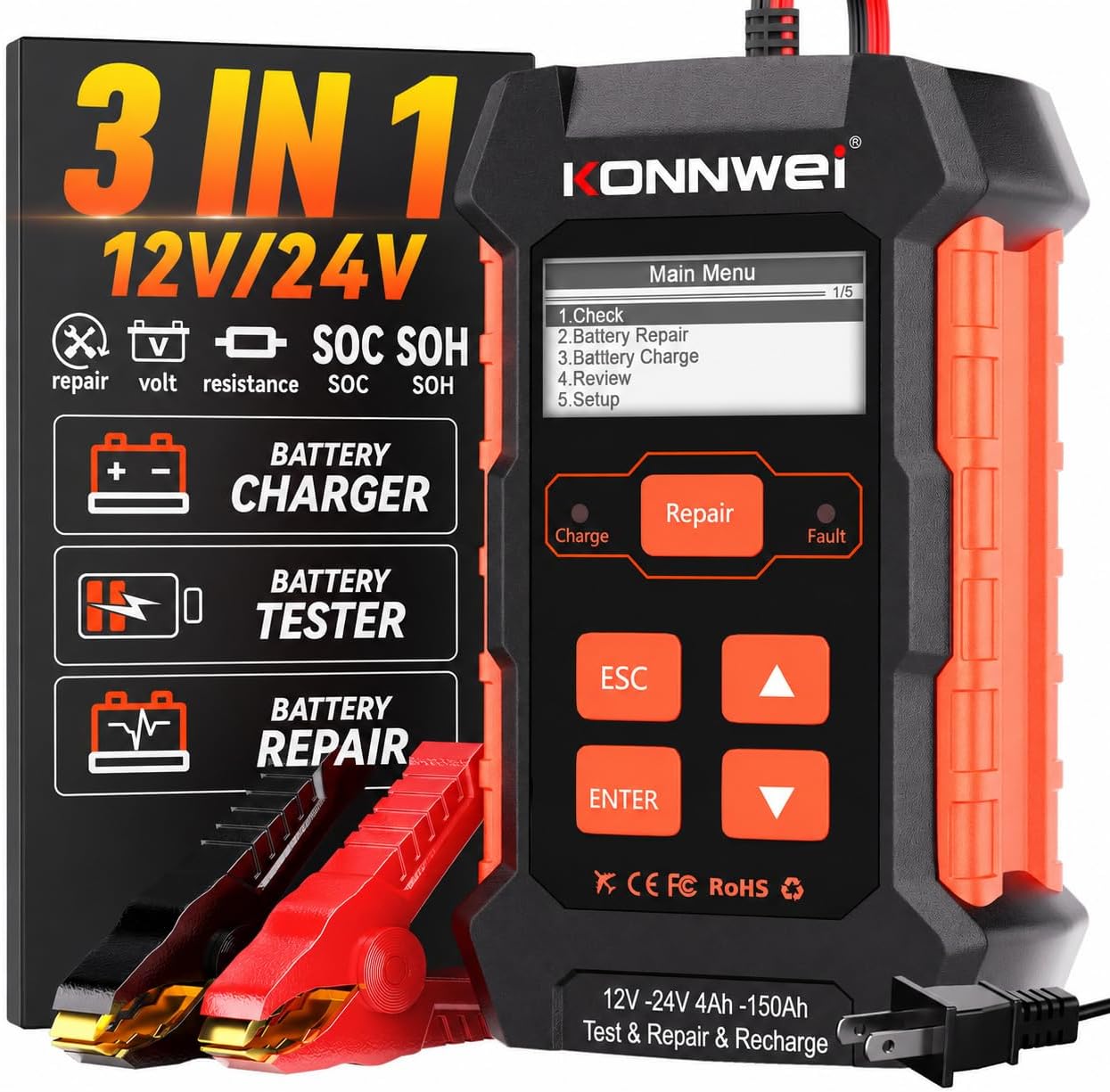 KONNWEI KW520 12V 10A 24V 5A Battery Tester Charger Repair 3-in-1