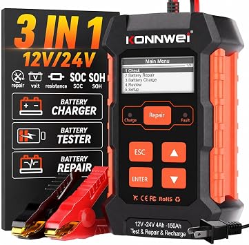KONNWEI KW520 3-in-1 Car Battery Tester Charger 12V 24V 10A/5A Pulse Repair