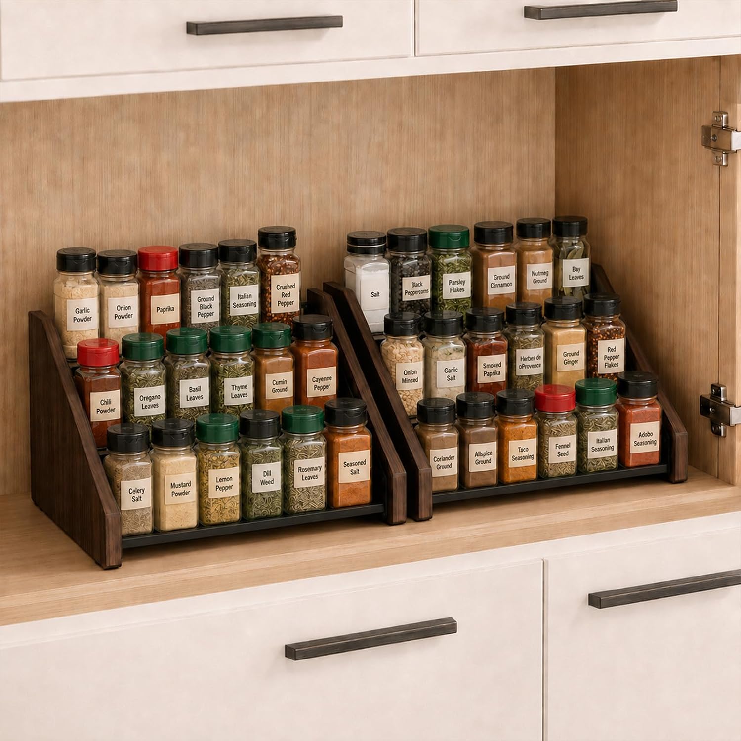 4-Tier Spice Organization for Cabinet, Adjustable Depth Spice Holder for Countertop, Cupboard, Pantry, seasoning organizer, Wood & Solid Metal
