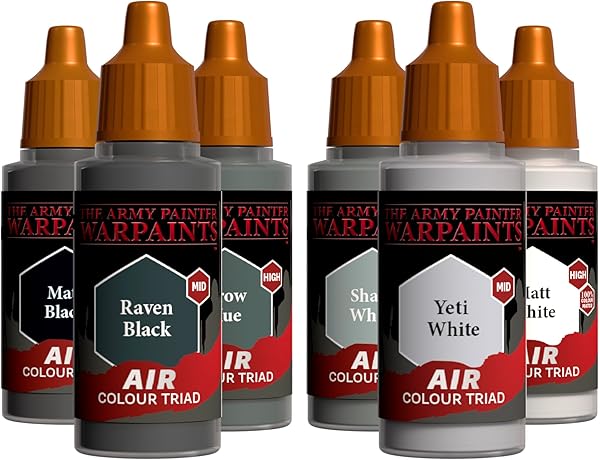 The Army Painter, Airbrush Primary Bundle Greyscale, 2 triades grises avec 6 peintures aérographe acryliques diluées 18 ml - Peinture pour pistolet à peinture pour miniatures D&D et Warhammer - 1