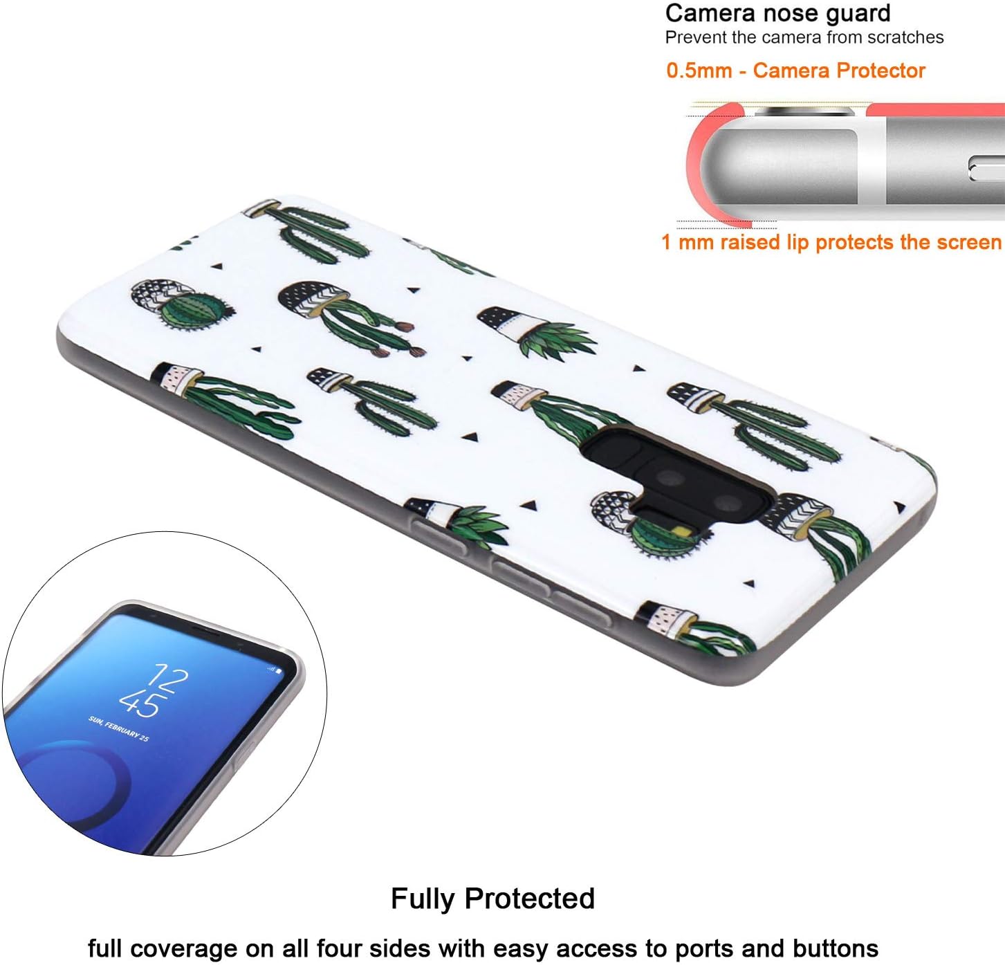 JAHOLAN Galaxy S9 Plus Case Green Cactus Design Slim Flexible Bumper Glossy TPU Soft Rubber Silicone Cover Phone Case for Samsung Galaxy S9 Plus / S9+