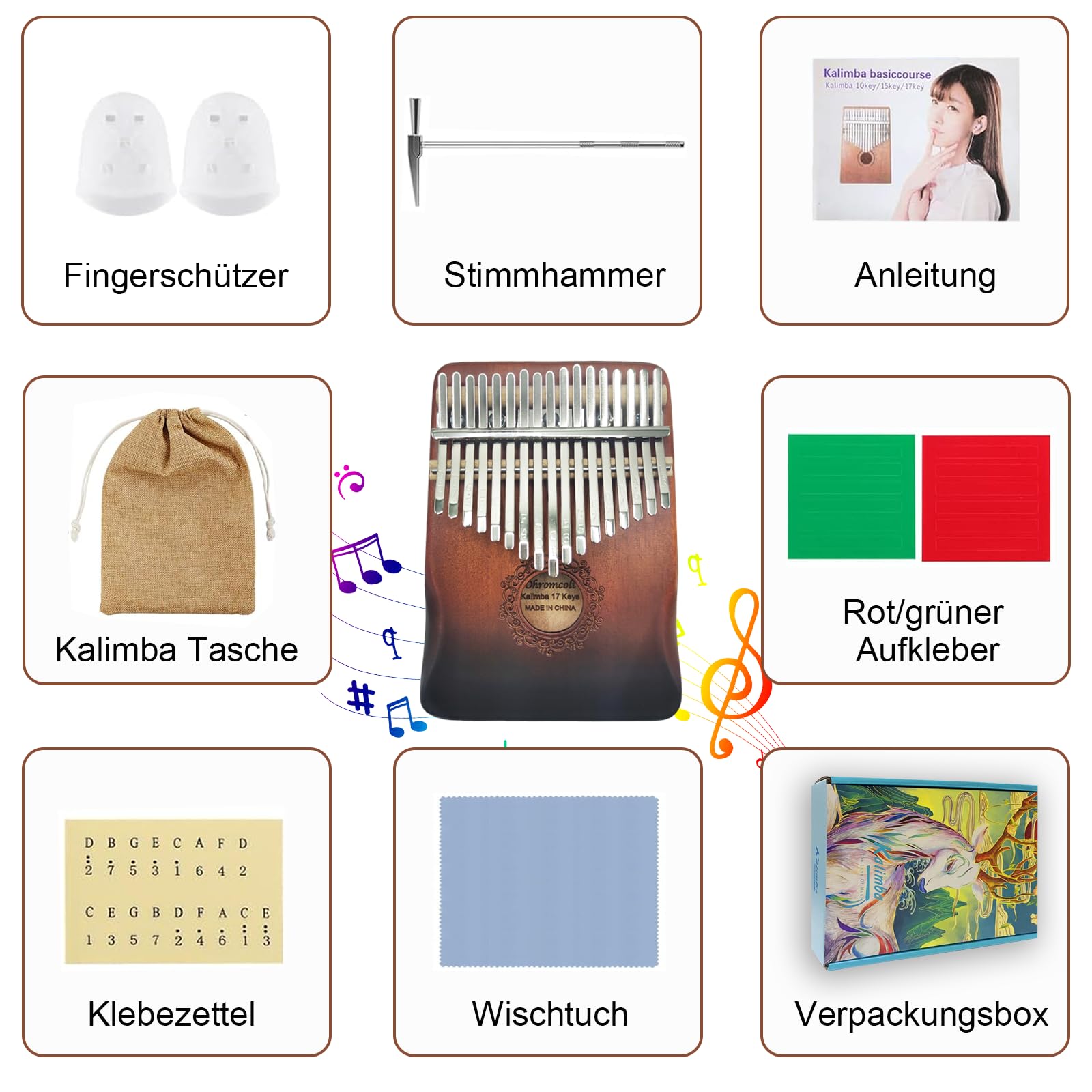 Kalimba - 17 Keys Kalimba Instrument mit Lernwerkzeuge,Finger Percussion,Professionelle Daumenklavier für Kinder, Erwachsene,Erwachsene und Musikliebhaber(Allmähliches Braun)