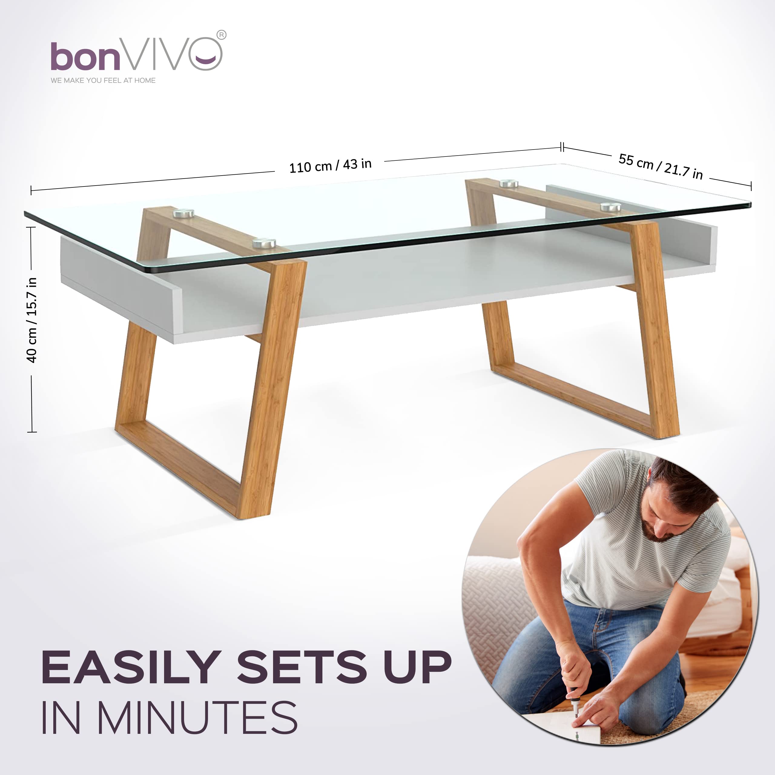 Bonstato Mesa Auxiliar Cristal Madera con Bandeja | Mesa de centro moderna con bandeja integrada. Ideal para salón, oficina y espacios pequeños.