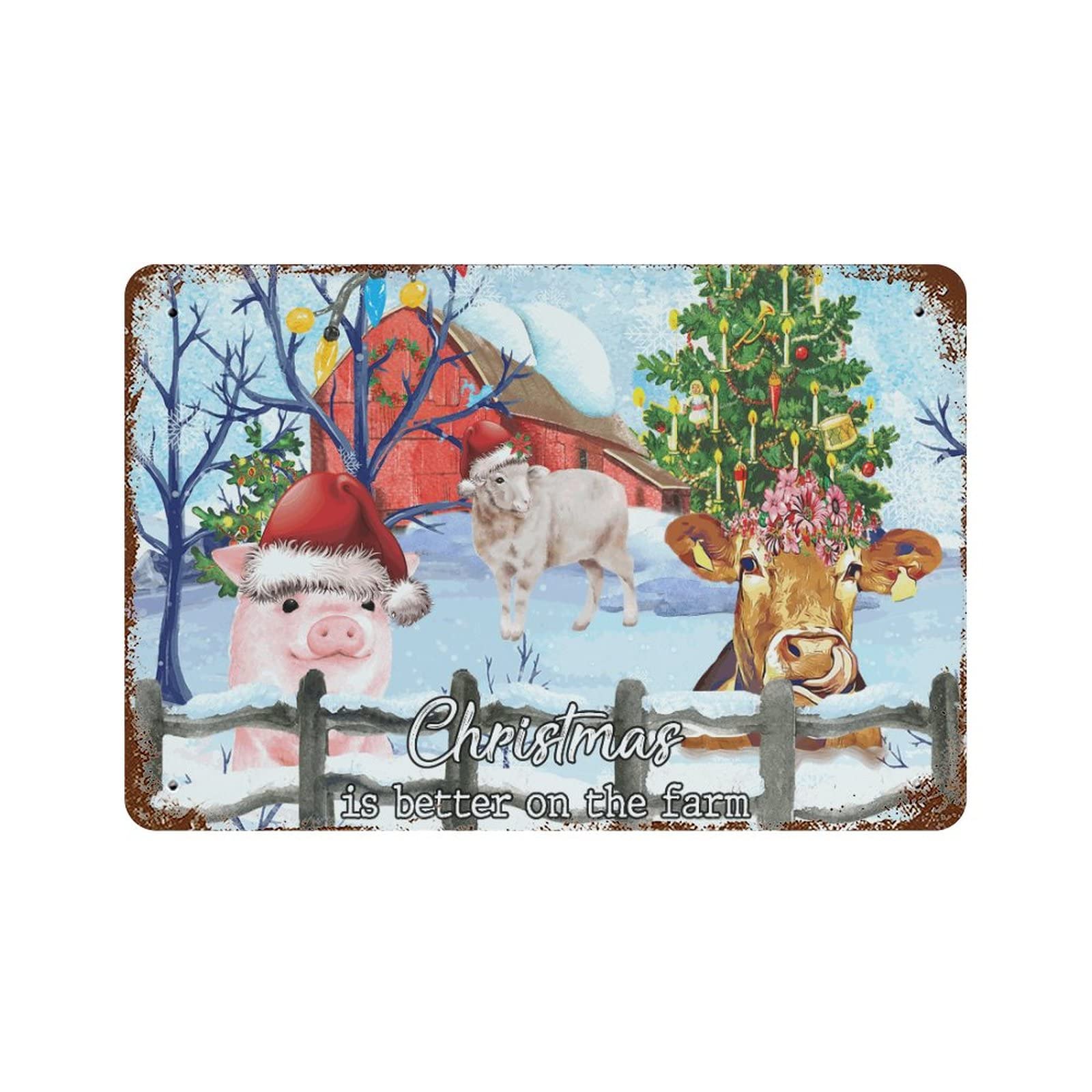 Plaque métal vintage Christmas Is Better on The Farm décoration murale 30x45 cm