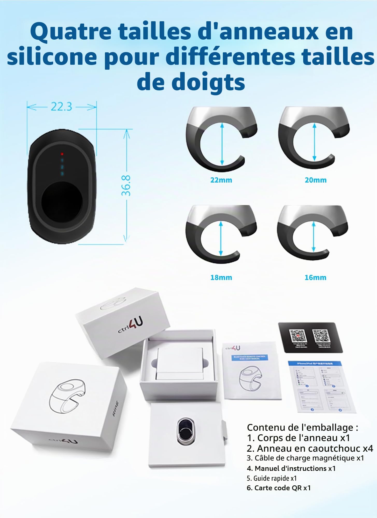 Bague de défilement Bluetooth pour TikTok, Appareil photo, Retourneur de Page - pour iPhone, iPad, tablette, iOS et Android - Noir