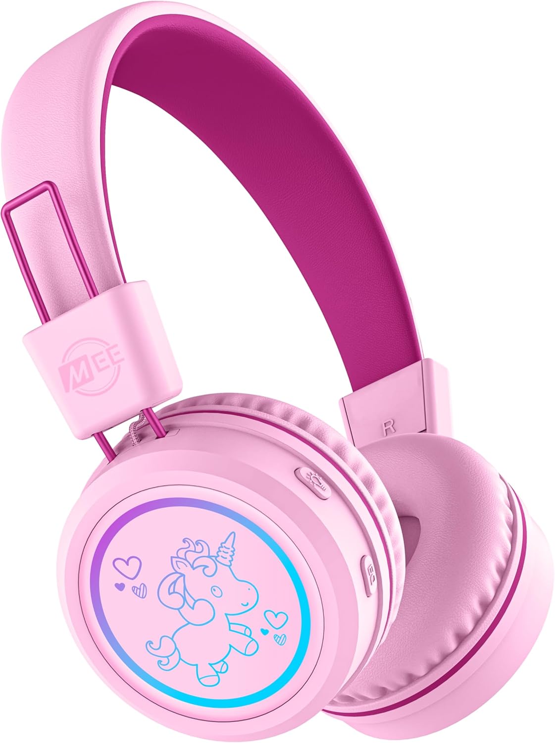 MEE Audio KidJamz KJ55BT Bluetooth Wireless Safe Listening Headphones for Children with LED Lights, 85dB Volume Limiter, Microphone, & 40h Battery; Kids Headset for School/iPhone/iPad/Tablet (Pink)
