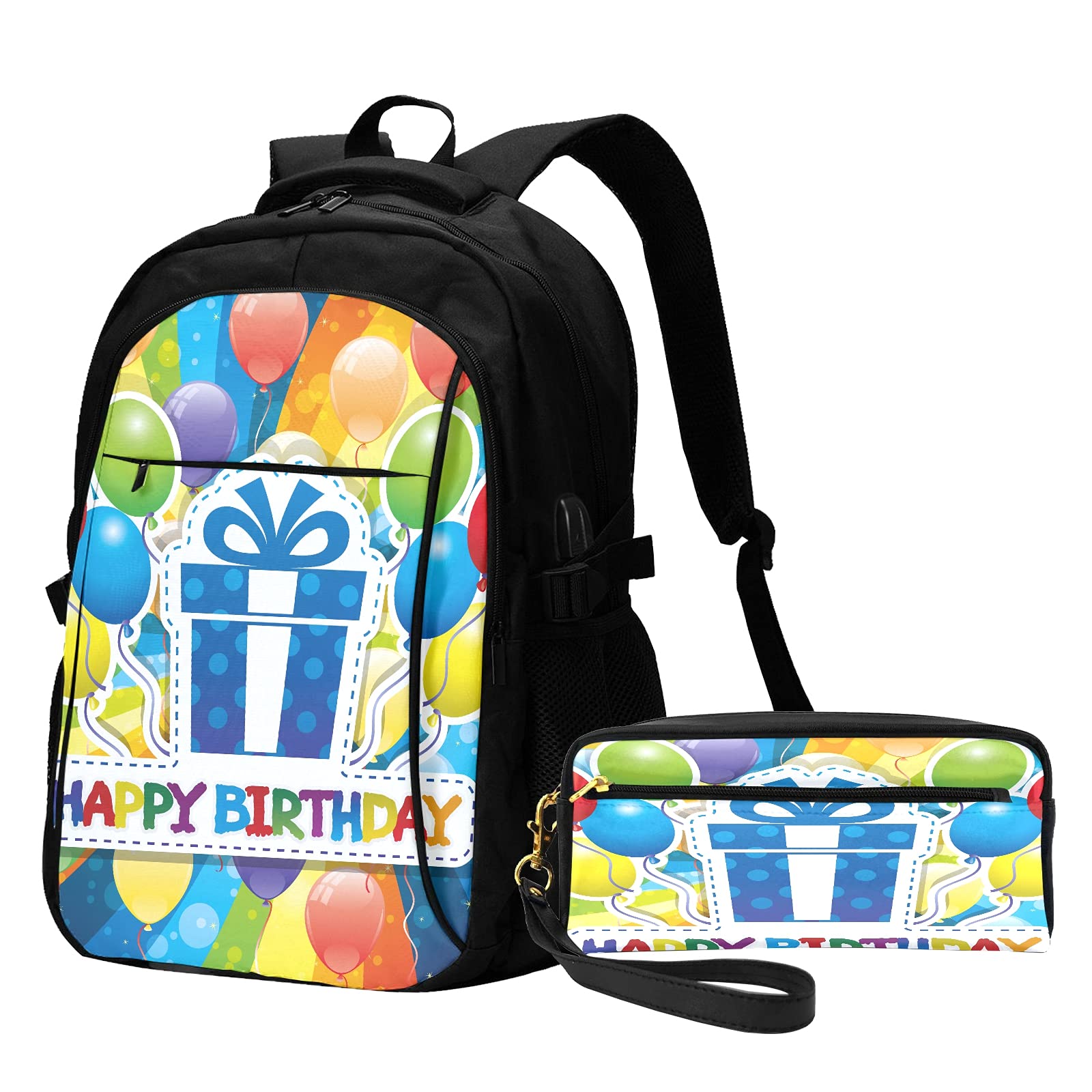 Bagpack With Pencil Case Vector Illustration Happy Birthday Book Bag With Usb Charging Port Travel B