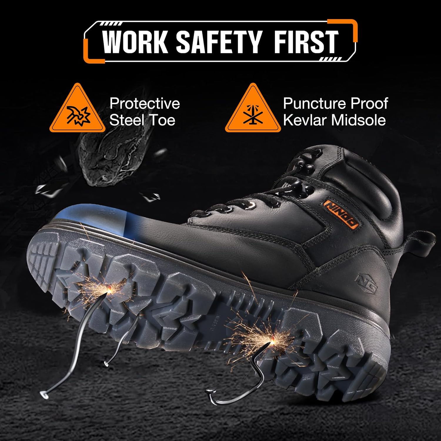 NINGO Work Boots for Men, Steel Toe Waterproof Boots with Puncture Proof, Oil & Slip Resistant, Comfortable Mens Construction Boot with EH Protection, Leather Shoes for Industrial - Image 5