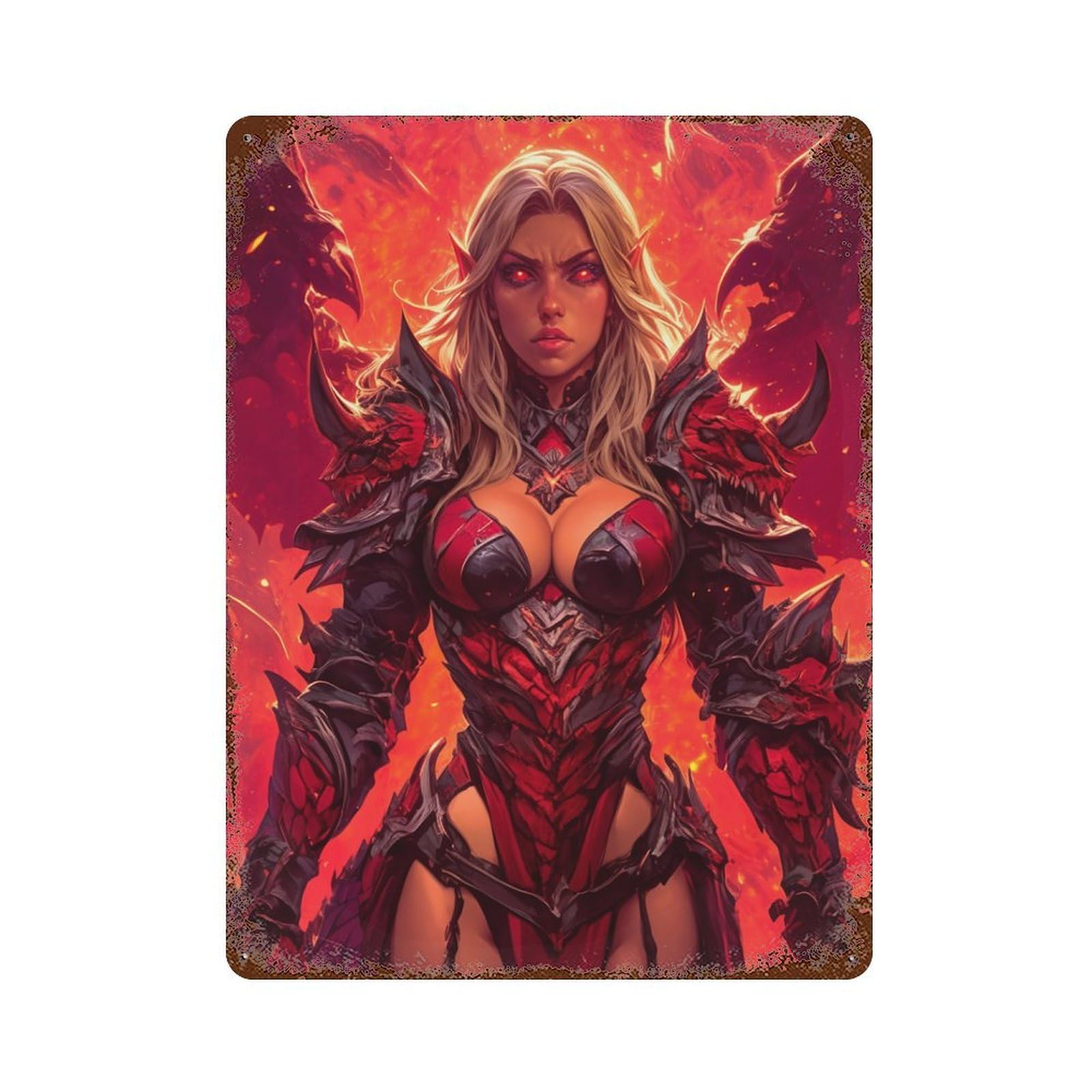 Rust Effect Dragon Armor Fantasy Woman Aged Metal Wall Plaque 15.7"x11.8", Industrial Home Decor for Cafe, Home Bar And Lounge Decor