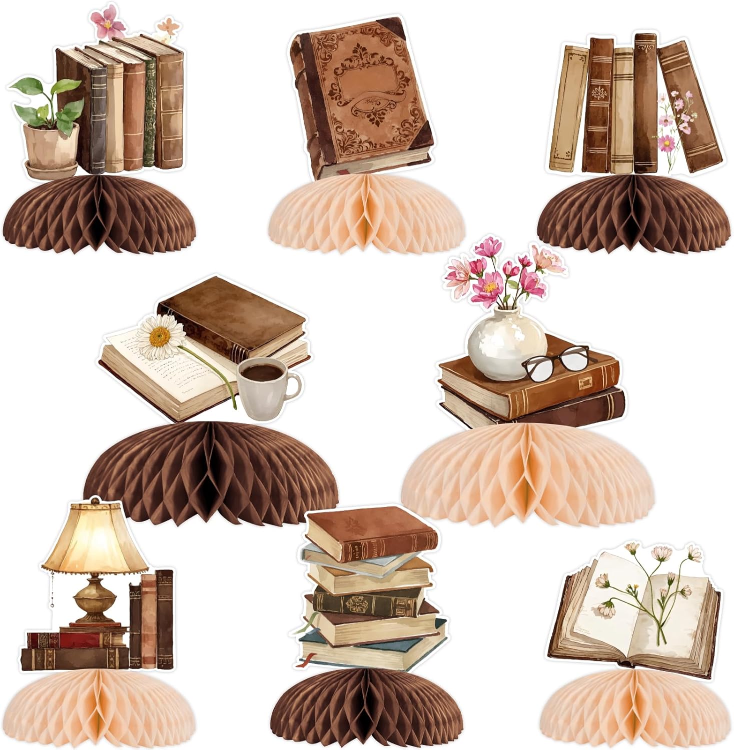 JOYMEMO 8 Pieces Vintage Brown Book Honeycomb Centerpieces - Storybook Chapter Themed Birthday Bridal Baby Shower Wedding Decorations, Reading Club Library Double Sided Table Toppers Party Supplies