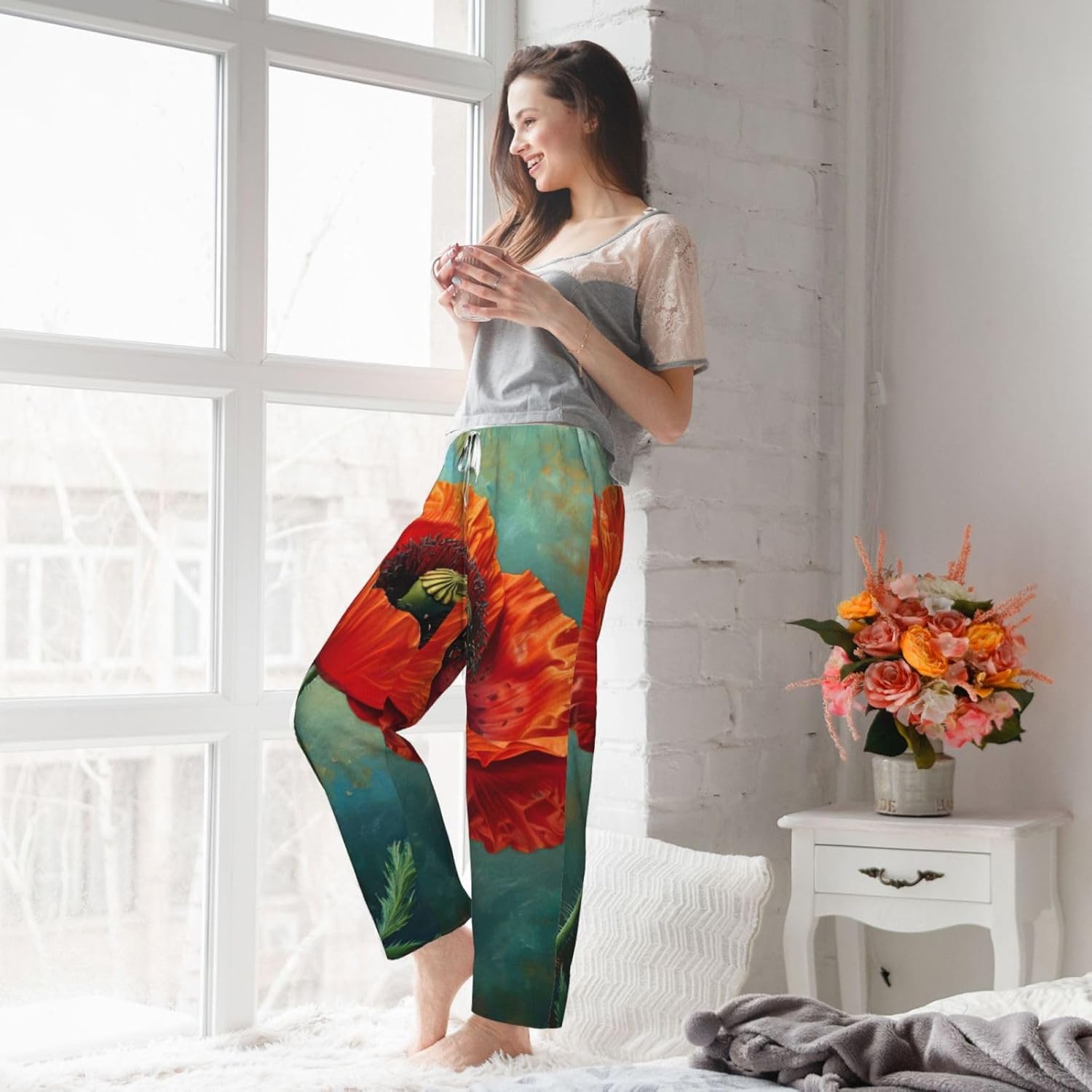 Poppy Flower Print Fashion Cozy Womens Flannel Pajama Pants,Perfect For Christmas And Everyday Wear