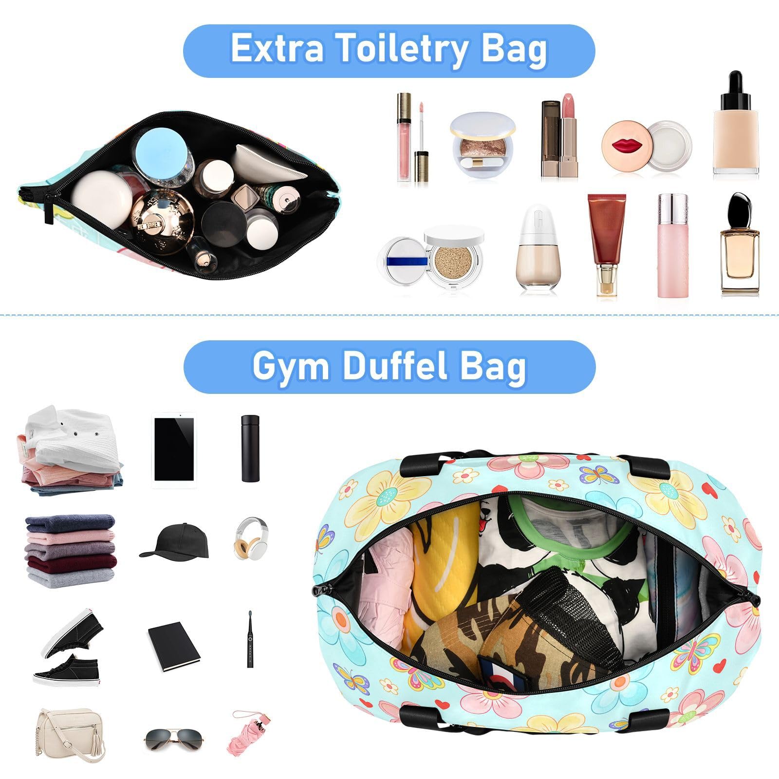 2-teiliges Set mit bunten Blumen, Gepäck, Reisetasche, Handgepäcktasche mit Kulturbeutel für Geschäftsreisen