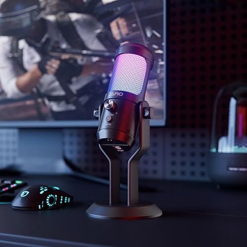 Miniatura 2 de JARO Micrófono de Condensador USB con Silenciamiento y Cancelación de Ruido RGB para Podcasting, Gaming, Streaming, YouTube, Zoom, ASMR, Canto