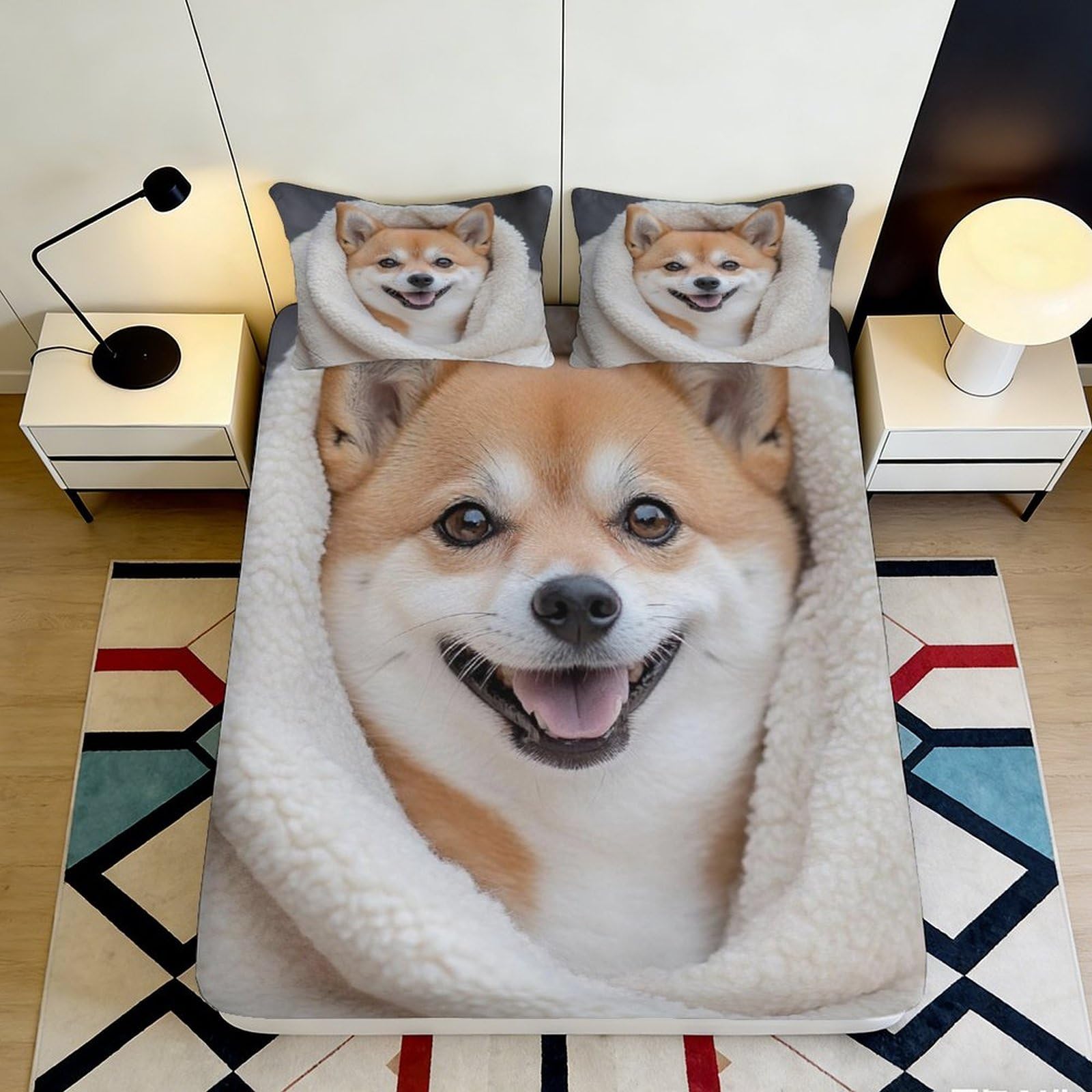 3D Printed Shiba Inu Dog Fitted Sheet Microfiber Soft Anti-Slip Cartoon Blanket Mattress Cover for Bedroom Guest Room Decor 120x200cm 90x200x25cm