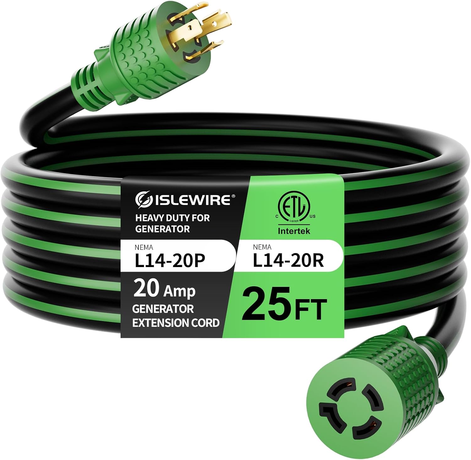 25FT NEMA L14-20 Generator Extension Cord, L14-20P to L14-20R 4-Prong Twist Lock Power Cord, 20 Amp, 125/250V, 2500/5000 Watts, Heavy Duty 12/4 SJTW for Portable Generators, Power Outage, ETL Listed