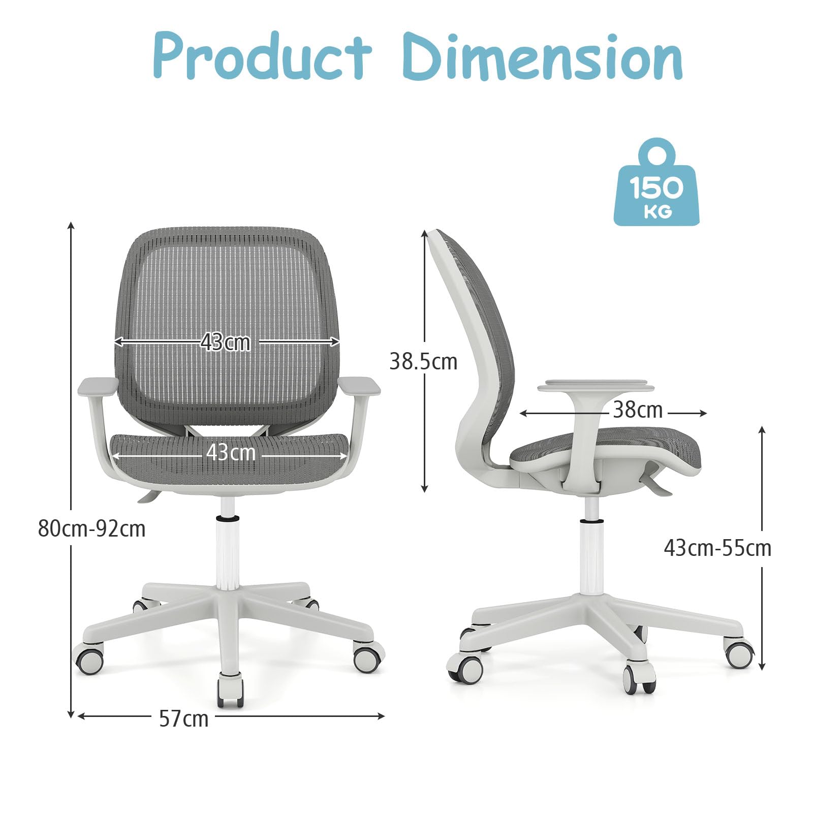 LIFEZEAL Wyściełane krzesło biurkowe dla dzieci, obrotowe krzesło do biurka z regulacją wysokości od 80 do 92 cm, ergonomiczne krzesło dziecięce do nauki, maks. 75 kg (kolor szary)