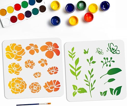 MAYJOYDIY 2 plantillas de caléndula de 11.8 x 11.8 pulgadas, hojas de flores de caléndula, plantillas de pintura de mariposa con pincel de pintura,