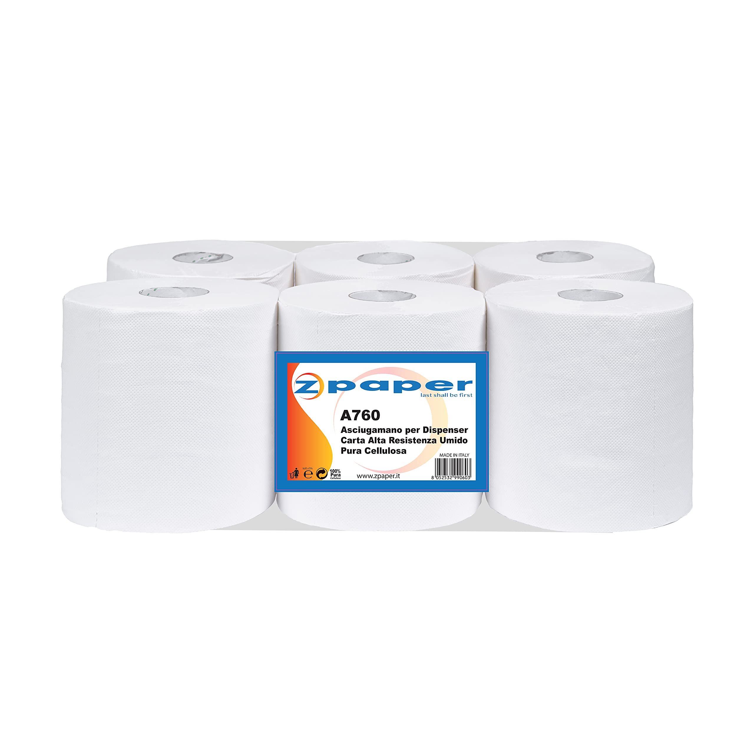 ZPAPER - 6 Rotoli Asciugamani Autocut, 2 veli 150 metri a Rotolo alta resistenza umido, non perforati per Dispenser a taglio automatico. Diametro rotolo 19 cm