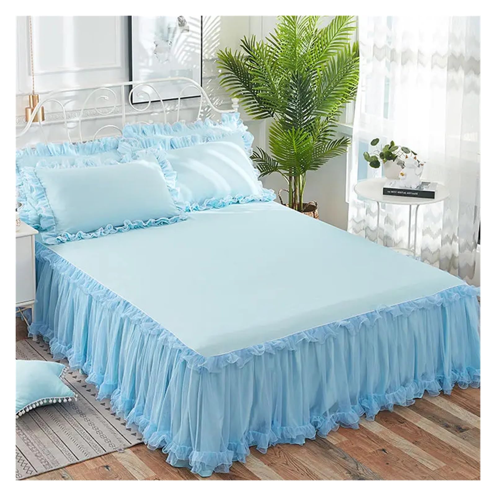Bed Skirt Non-slip Mattress Cover Ruffled Lace Bedsheet Cover Protector Home Bedspread(D,150x200cm)