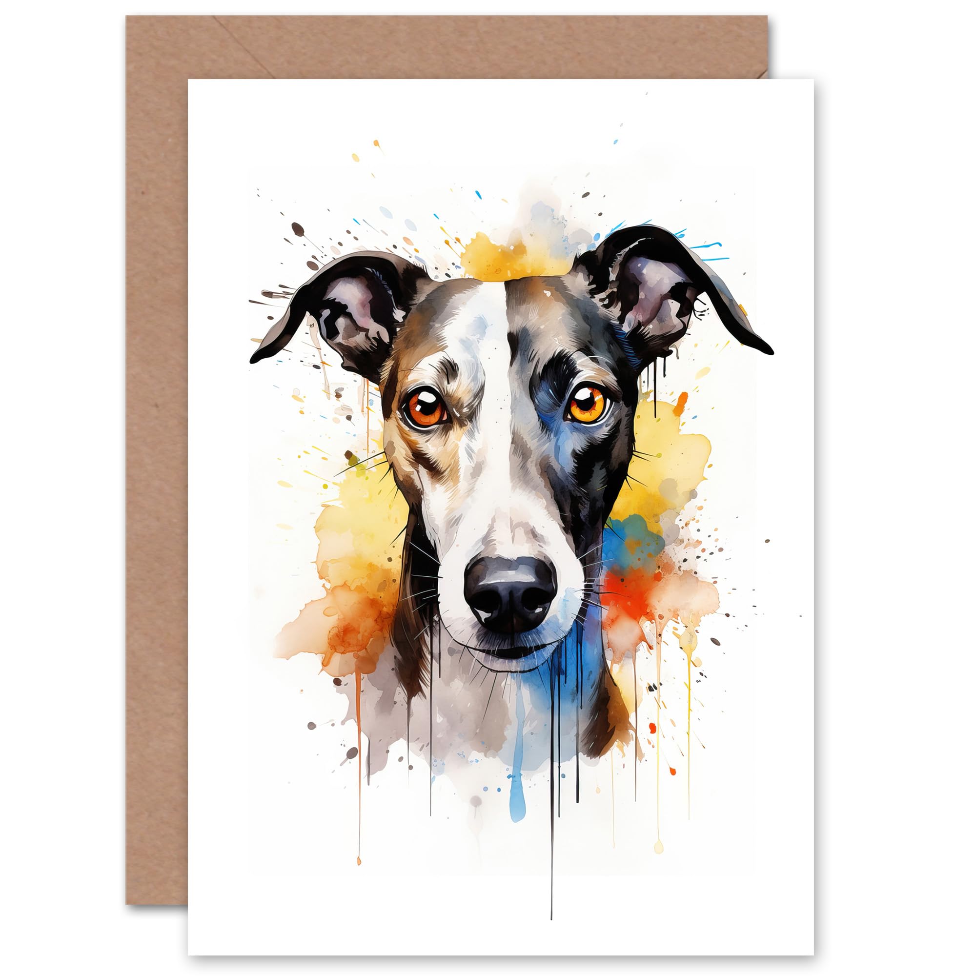 Artery8 Greyhound Lovers Gift Watercolour Pet Portrait Painting Artwork Sealed Greeting Card Plus Envelope Blank inside