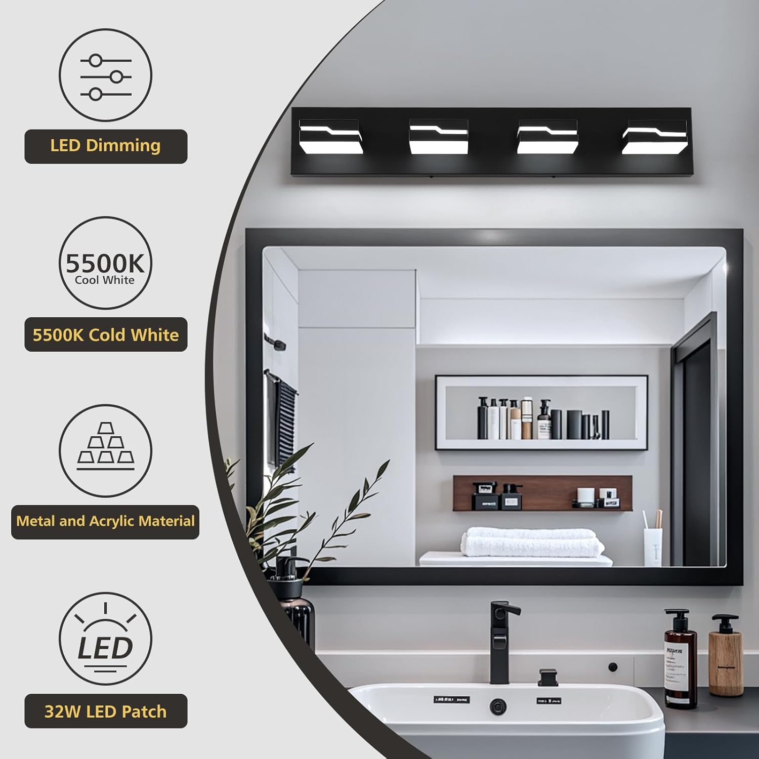 LED Modern Bathroom Vanity Light Fixtures 4-Light, 25.5 inch Dimmable Black Vanity Lights for Bathroom Lighting Fixtures Over Mirror, with 350°Rotatable Acrylic Heads(White Light 5500K)