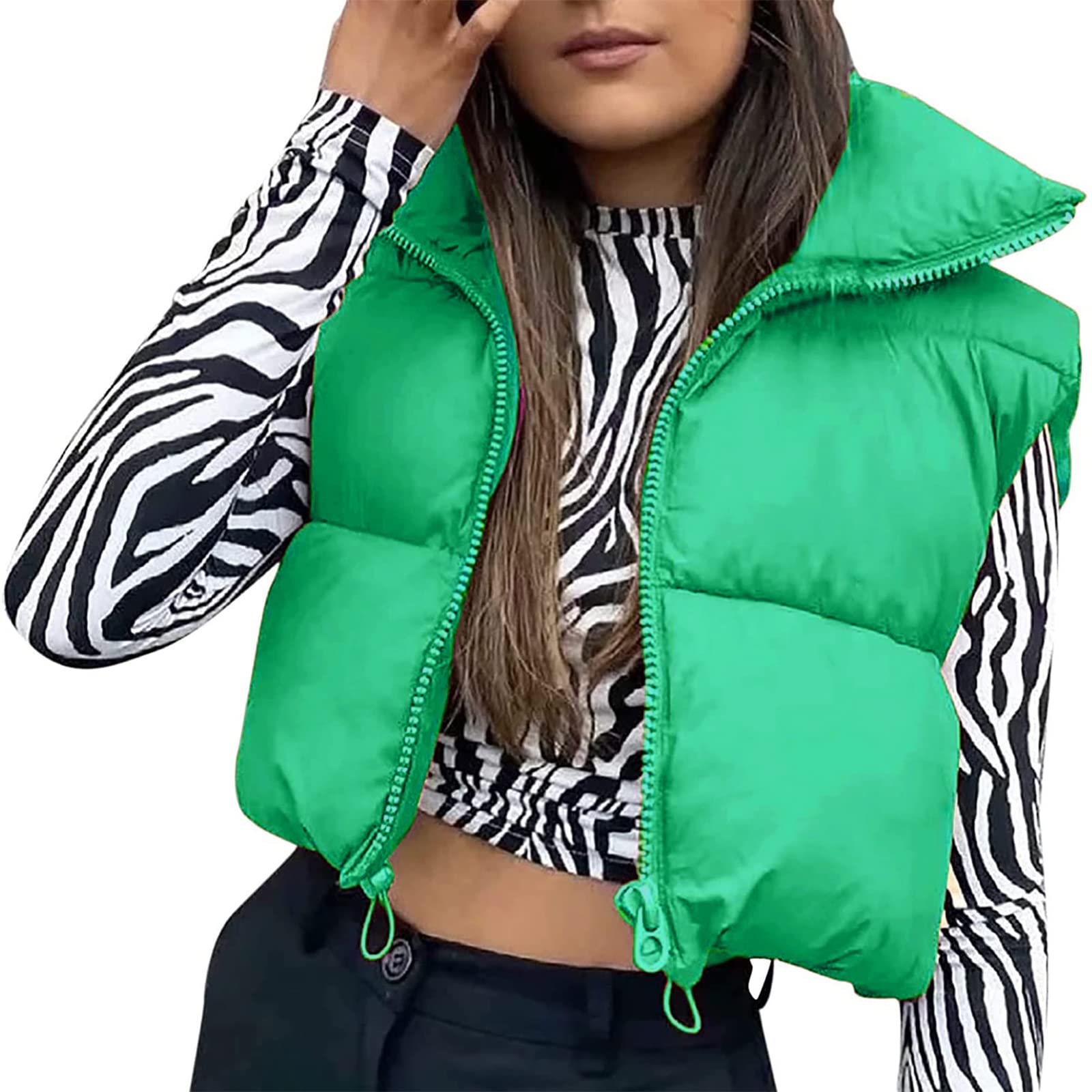 Chaleco acolchado corto verde para mujer, un abrigo cálido sin mangas 3