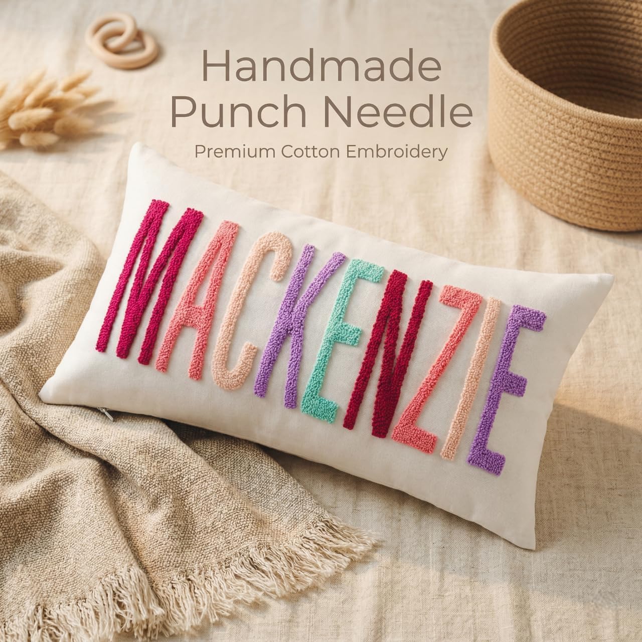 mia'spillow lab Personalized Kids Name Pillow, Embroidered Nursery Throw Pillow, Handmade Punch Needle Baby Room Decor Cushion, Textured Name Cushion, Birthday Gift Idea, Toddler Room Decor image 4