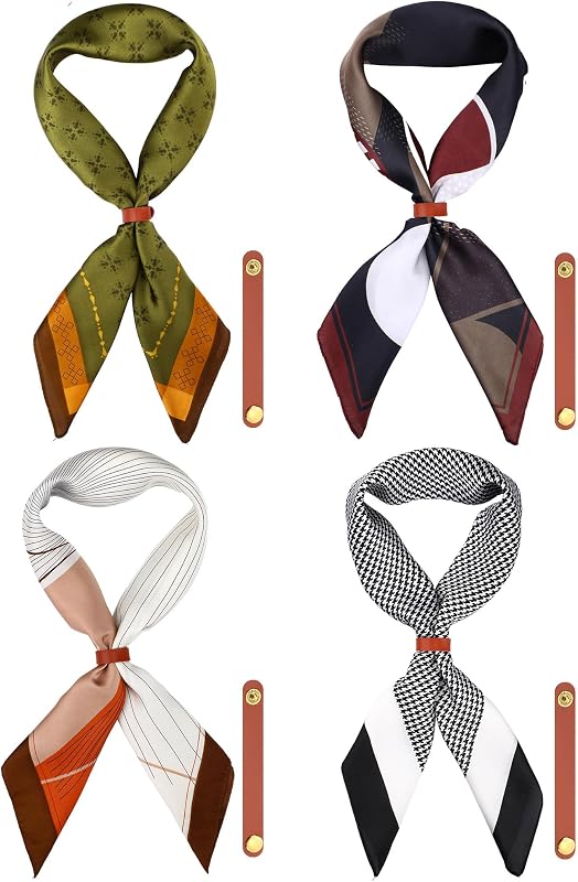 Cuffbow 4 Pcs Silk Feeling Scarves for Men with Leather Ring | Satin Feeling Paisley Bandanas, Western Cowboy Neck Scarves, Vintage Square Hair Scarf, Unisex Necktie for Men and Women